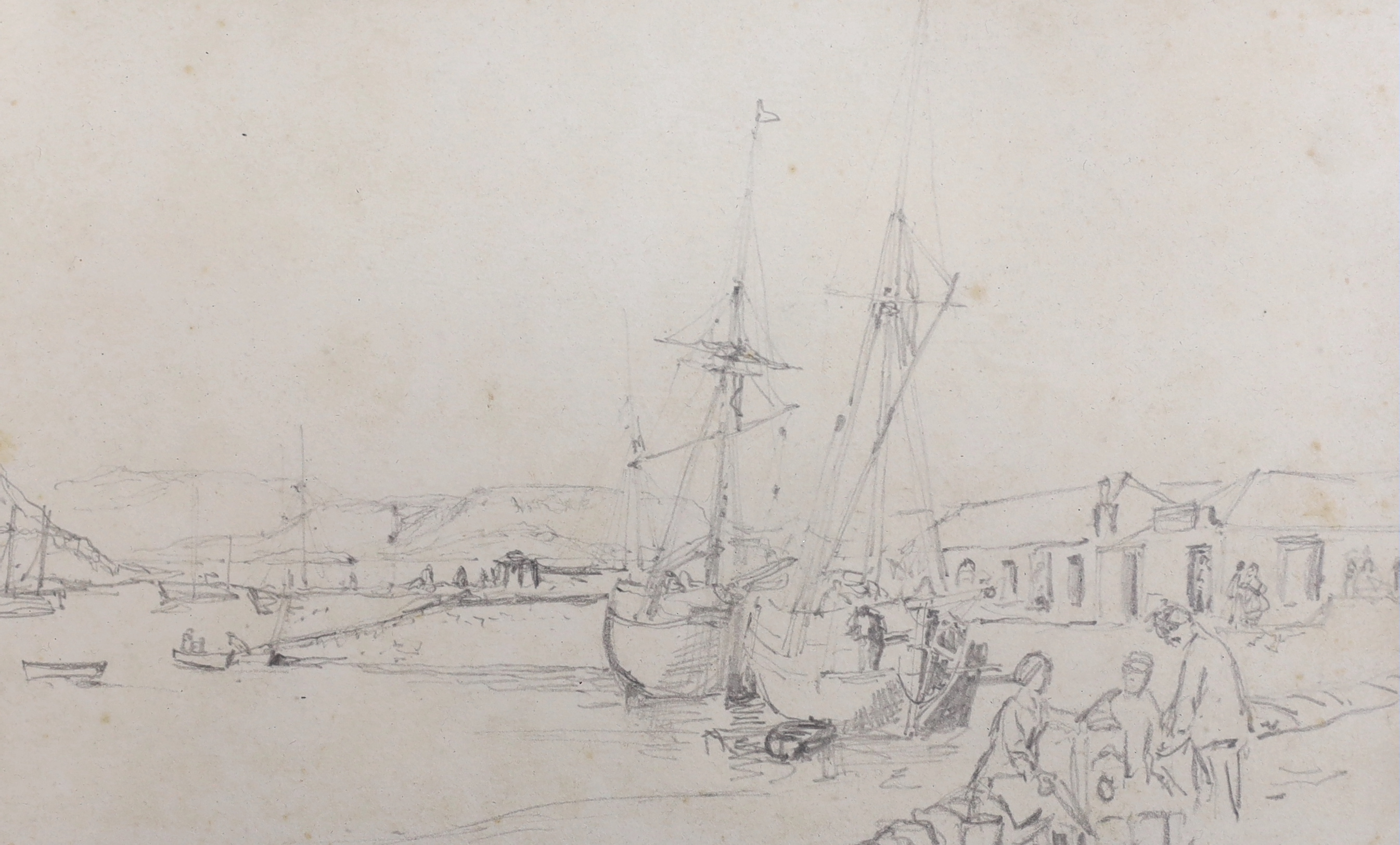 Samuel Bough (1822-1878), three pencil drawings, Harbour scenes and landscape with church steeple, attribution labels verso, largest 14.5 x 23cm